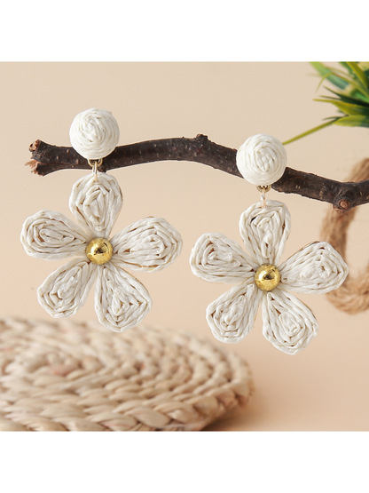 Detailed shot of woven raffia pattern on Earedge floral vintage drop earrings