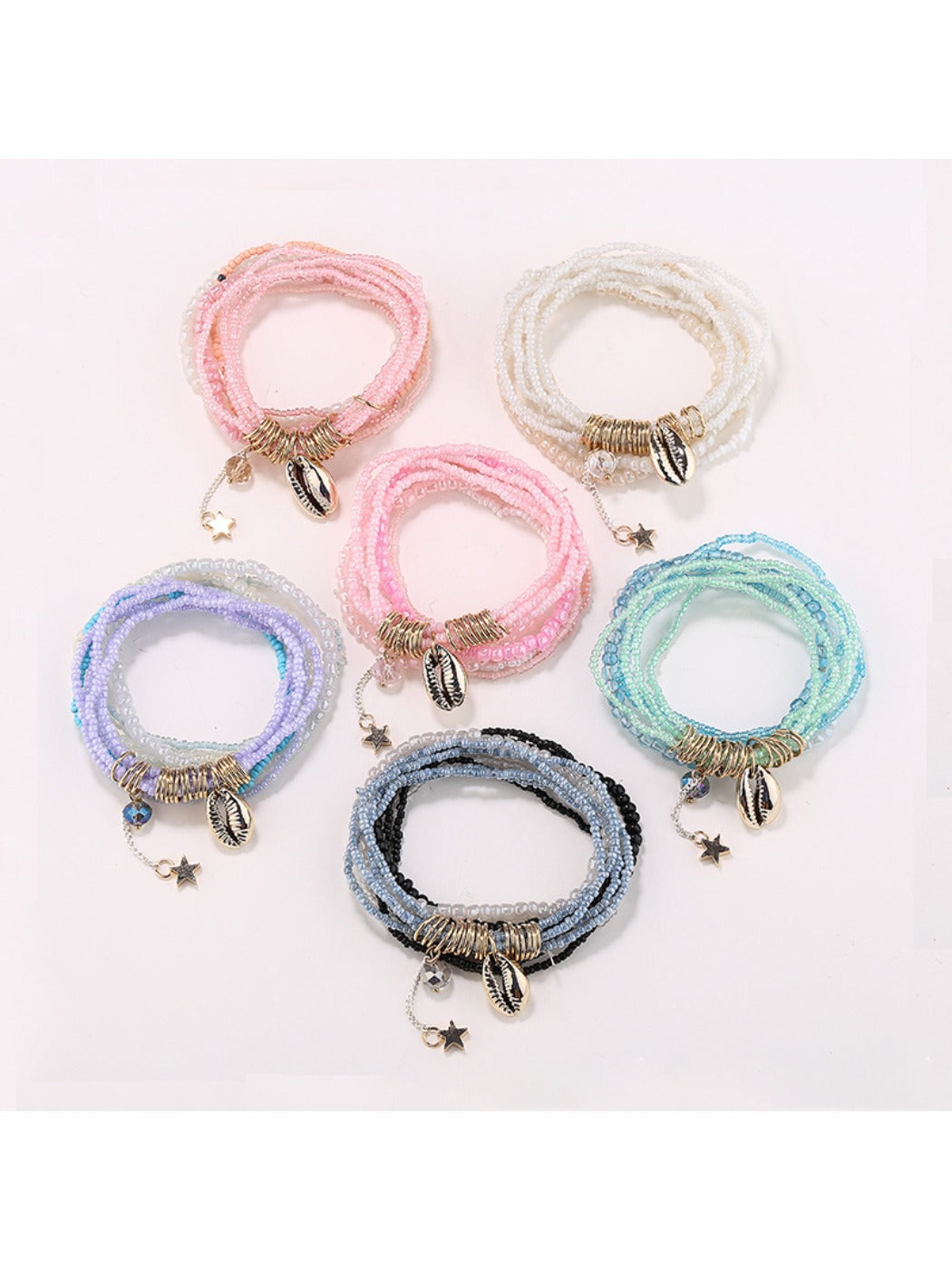 Close-up of Lovra chic colorful layered beaded bracelet with multicolored beads