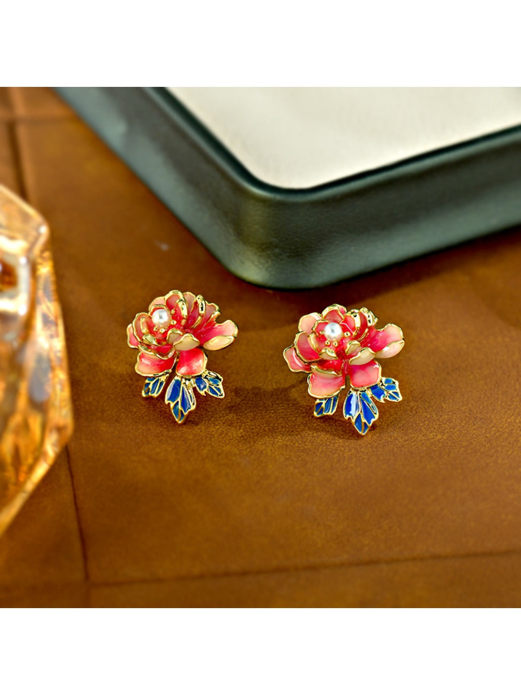 Earedge - Red Peony Floral Stud Earrings