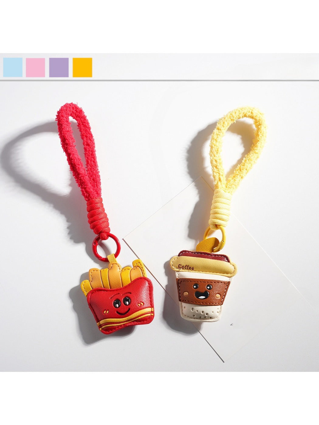 Keypus French fries shaped keychain with coffee cup design on white background