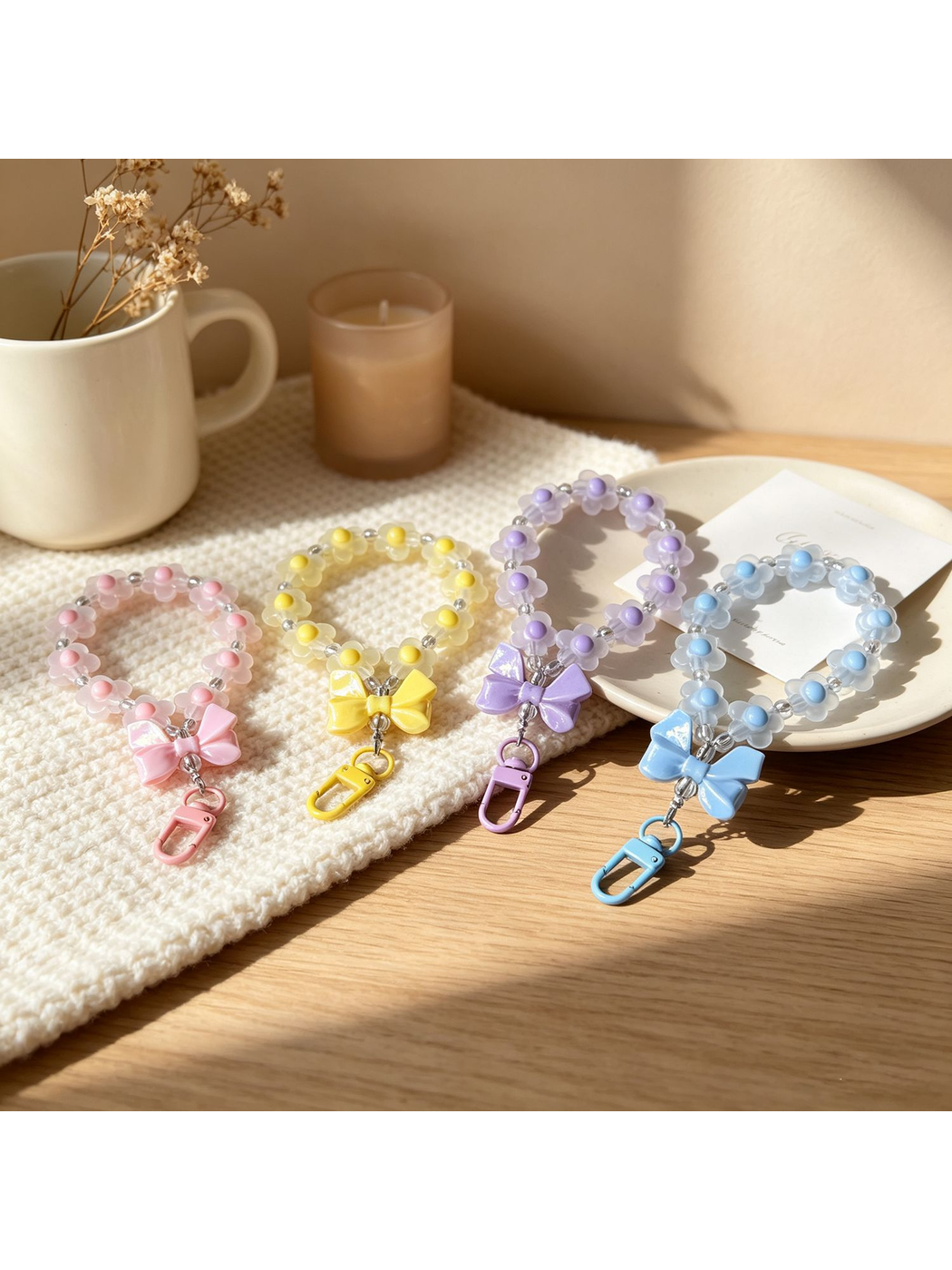 Keypus - Floral Beaded Bow Acrylic Bag Charm Keychain