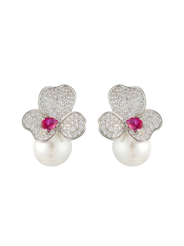 Earedge - Polished Floral Accent Stud Earrings