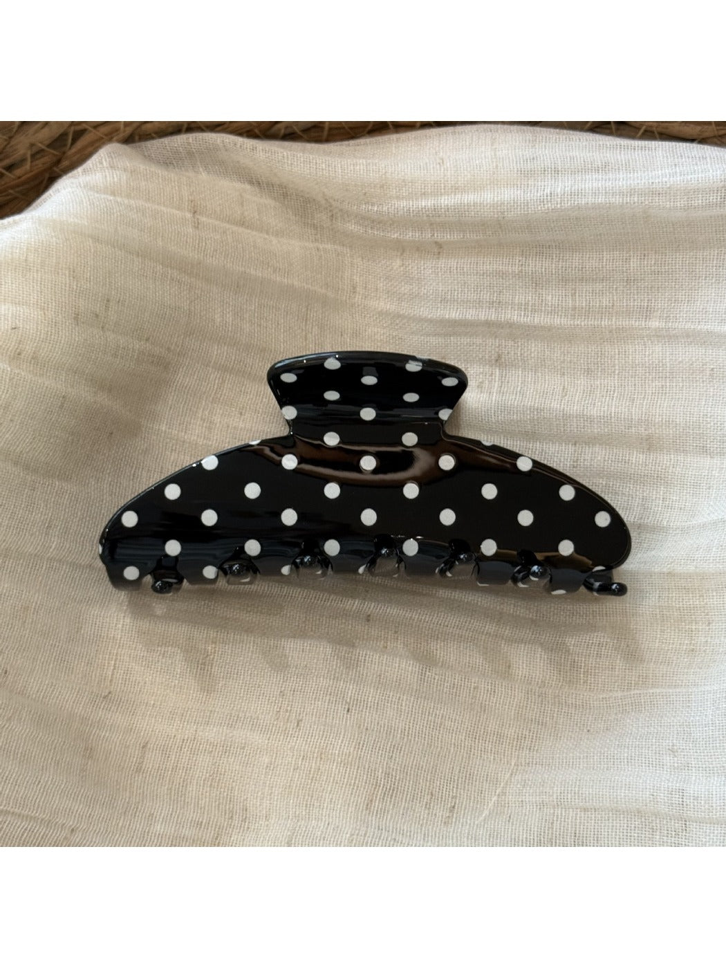 Beau Sweet Polka Dot Stripe Claw Clip open showing inner clip mechanism and teeth