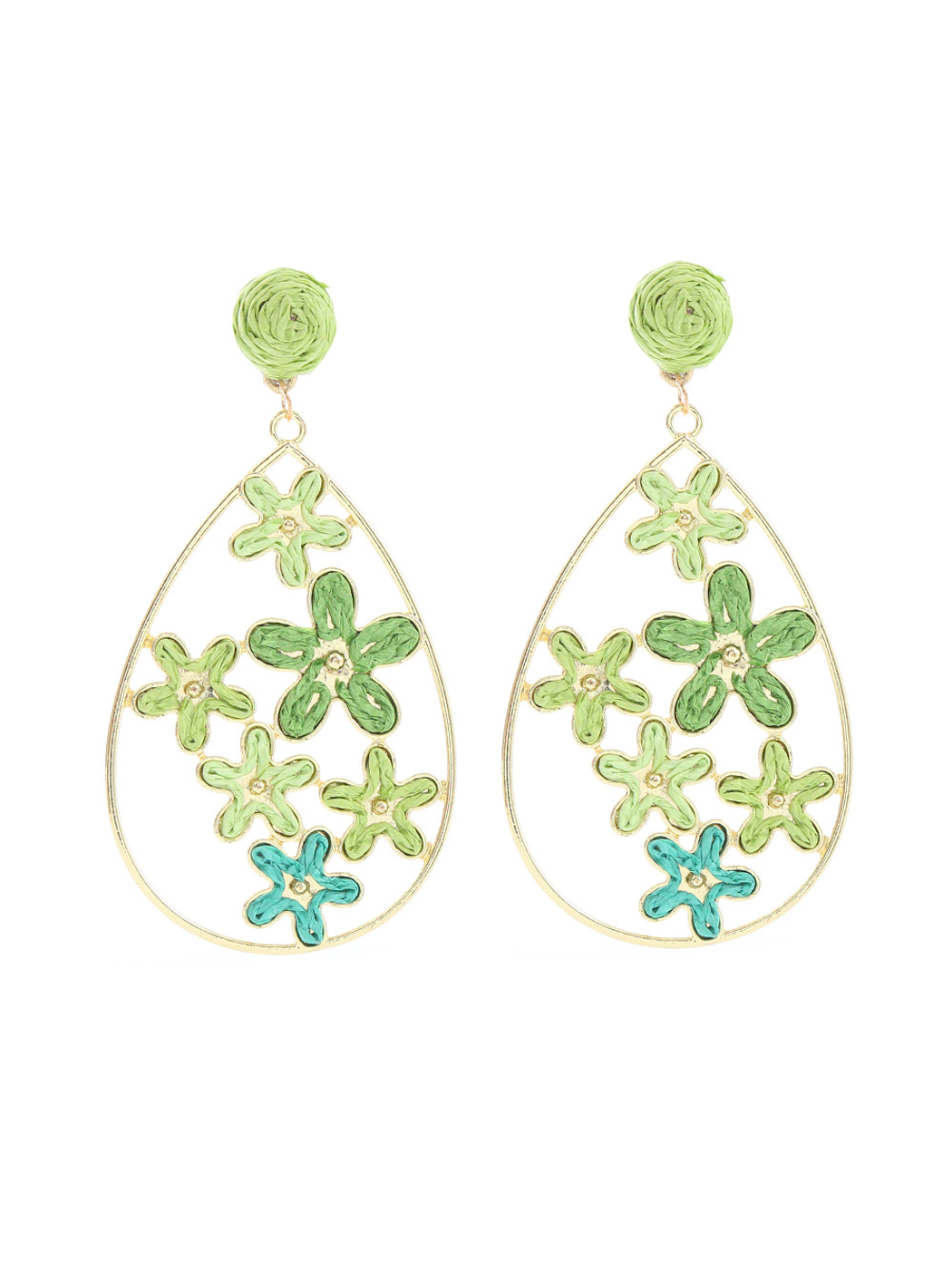 Earedge floral raffia earrings laid flat with natural lighting highlighting colors