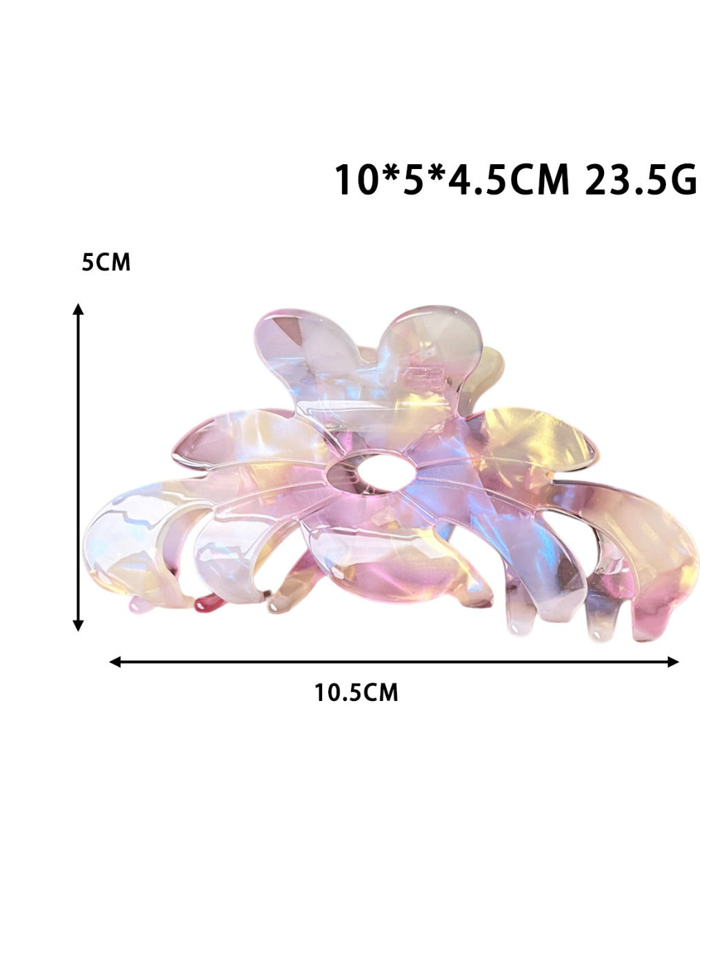 Beau flower shaped claw clip held in hand showing size and shape