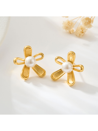 Earedge - Five Petal Flower Gold Tone Stud Earrings