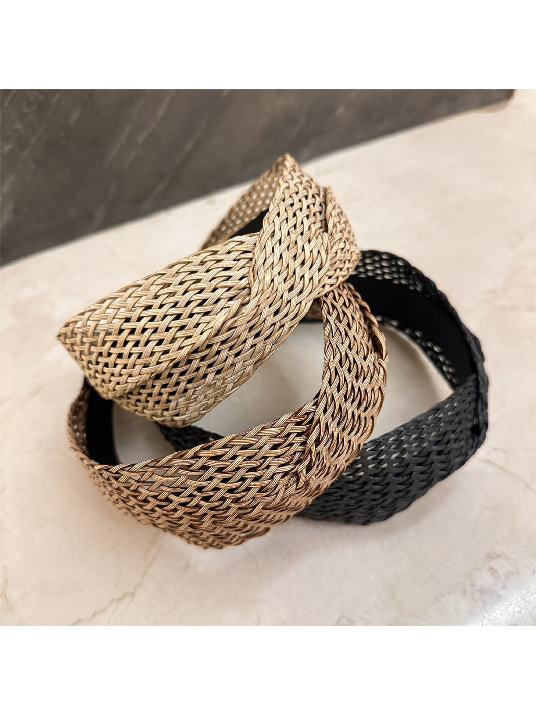 Side view of Gifty chic woven cross headband showing textured weave