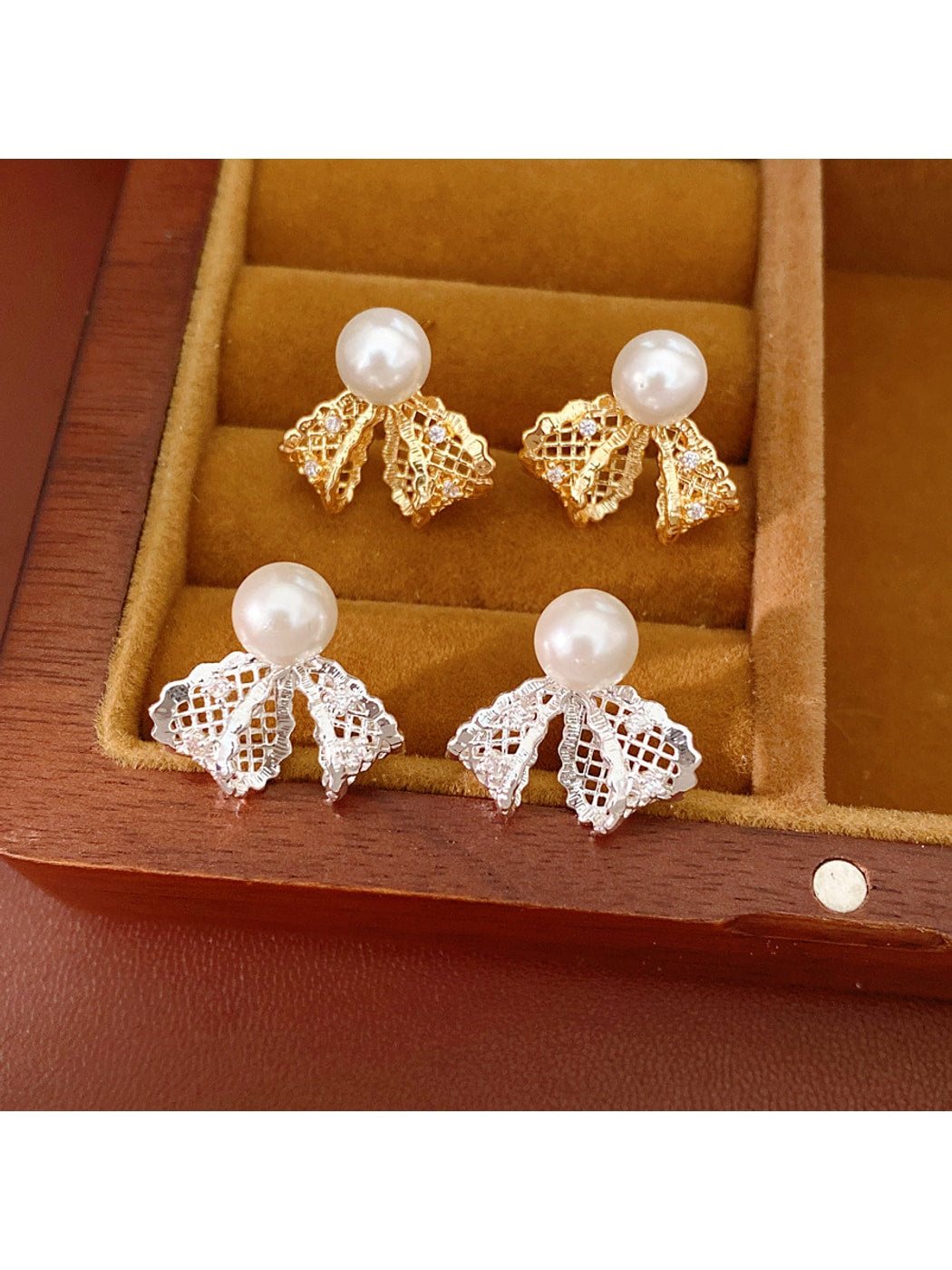 Earedge - Bow Stud Earrings with Round Accent Earrings