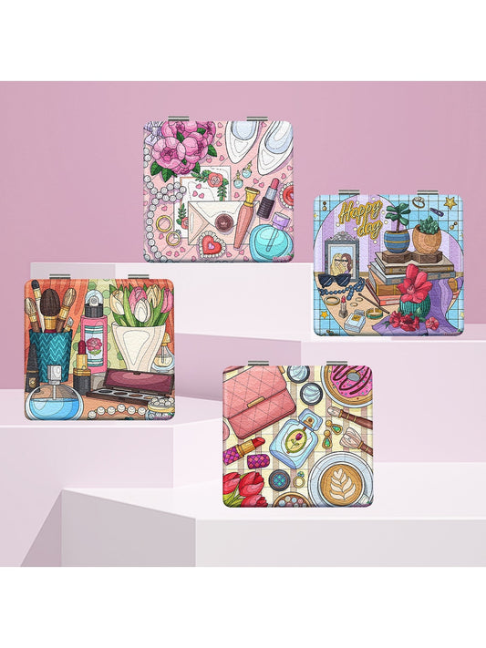 Mirroray - Cartoon Print Foldable PU Glass Compact Mirror