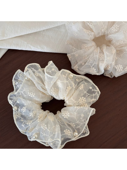 Gifty - Sheer Floral Beaded Ruffle Detail Scrunchie