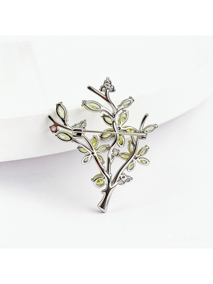 Brovia - Silver Tone Branch Flower Leaf Brooch Pin
