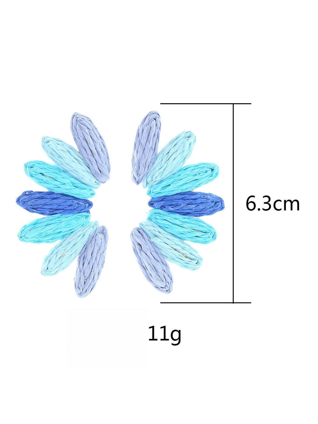 Side view of Earedge fan-shaped earrings highlighting layered raffia material and colors