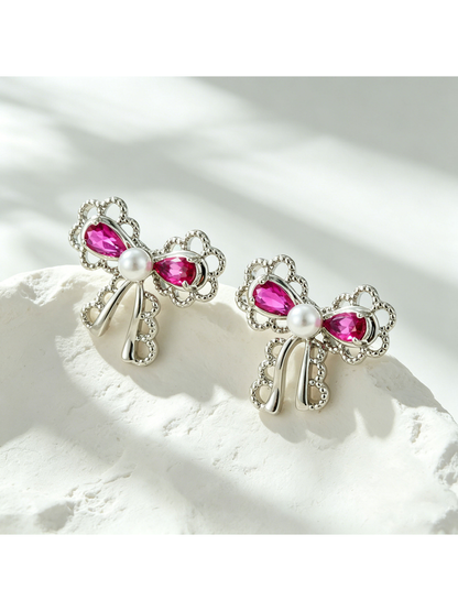 Earedge - Bow Detail Double Teardrop Alloy Stud Earrings