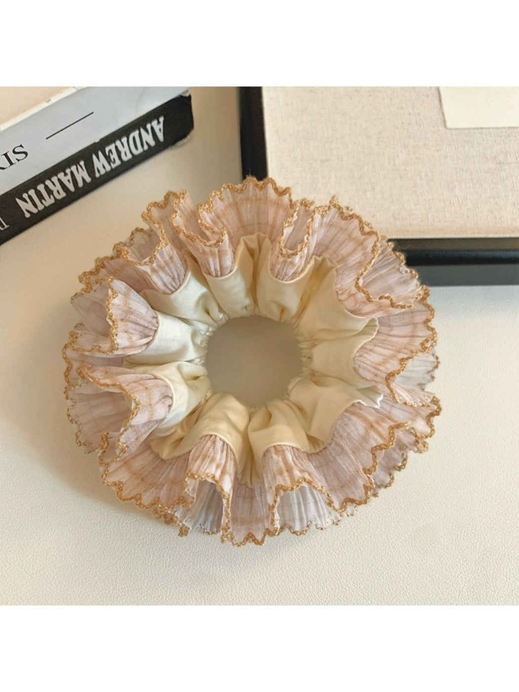Gifty satin lace trim scrunchie styled in a ponytail on a model