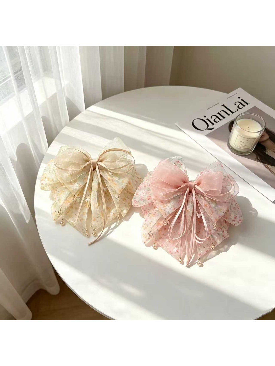 Beau - Floral Bow Ruffle Fabric Surface Claw Clip