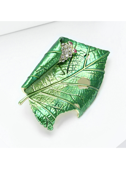 Brovia - Green Leaf Rhinestone Alloy Fashion Brooch