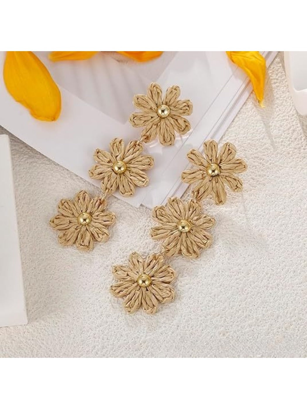 Detailed view of colorful flower shaped drop earrings showing texture and colors