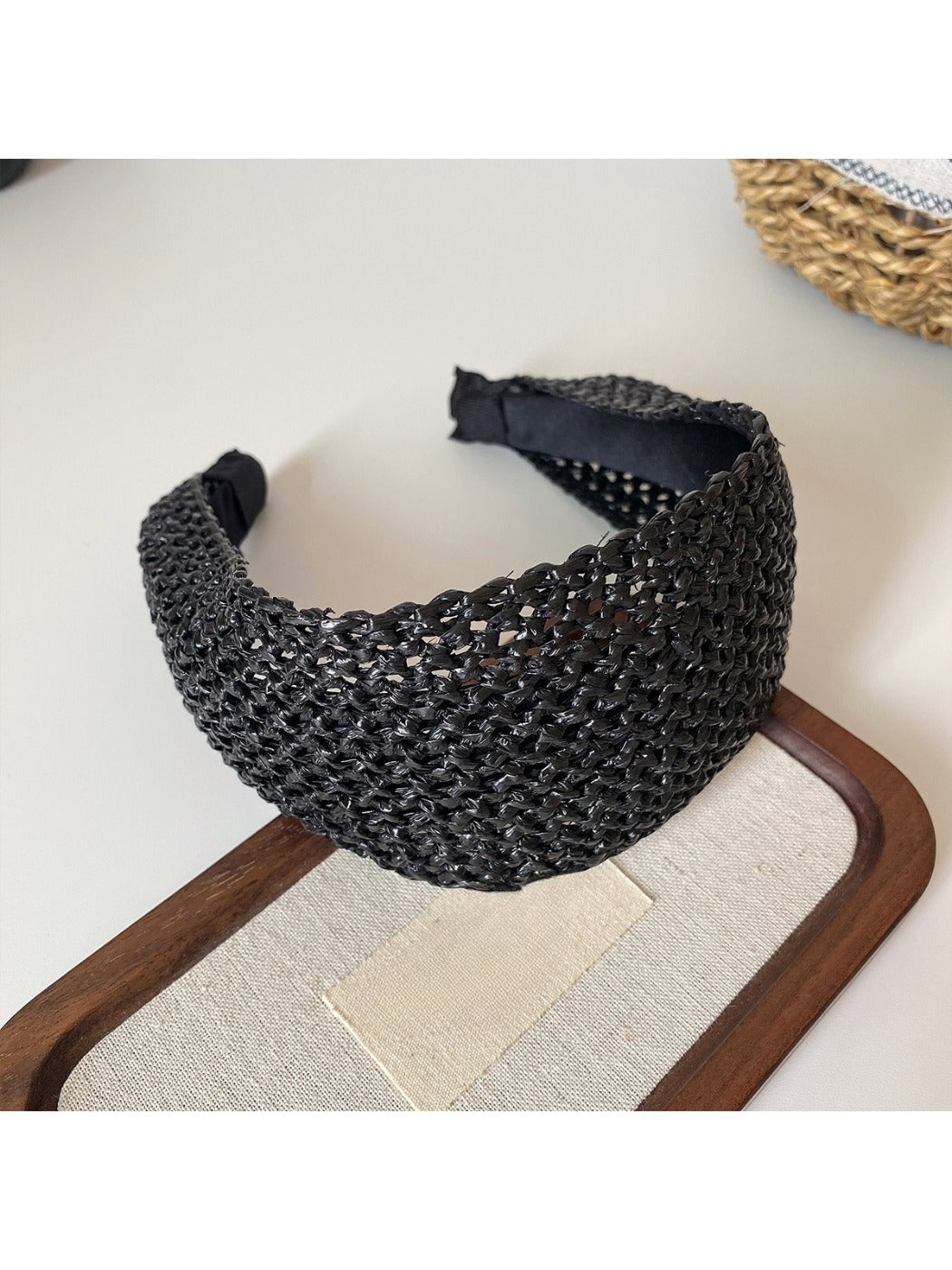 Vintage bohemian wide headband folded to show inner lining and stitching