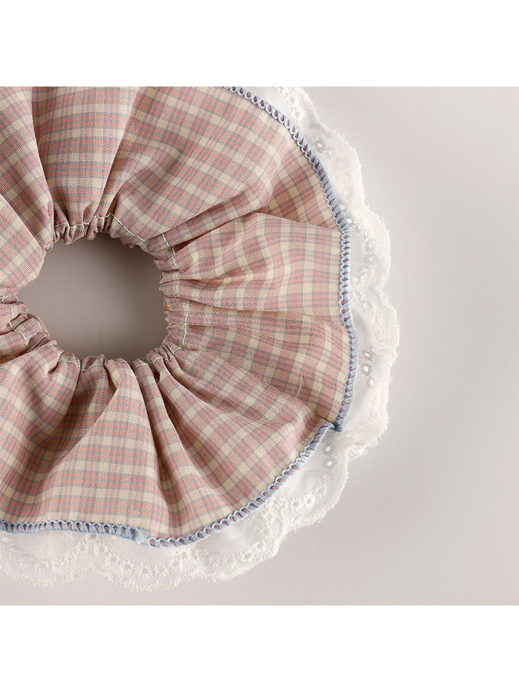 Gifty - Pink Plaid Lace Trim Polyester Fabric Scrunchie