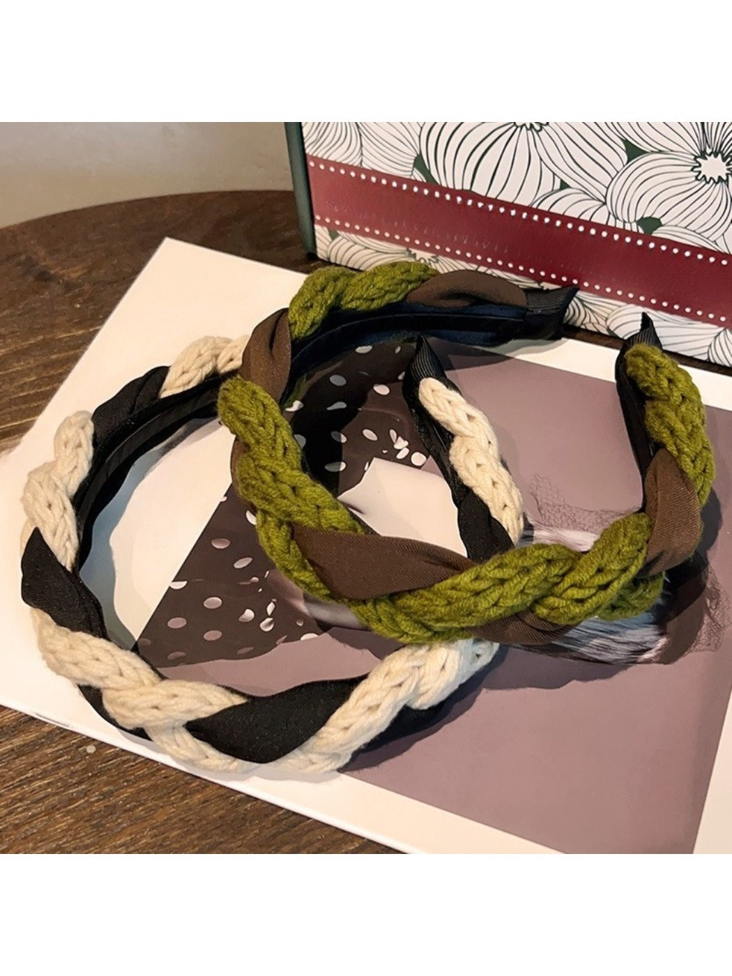 Model wearing vintage knitted twist headband styled with casual outfit