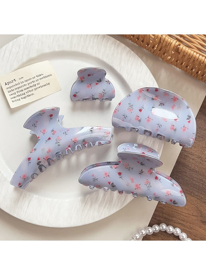 Beau blue floral print shark claw hair clip on white background