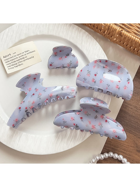 Beau blue floral print shark claw hair clip on white background