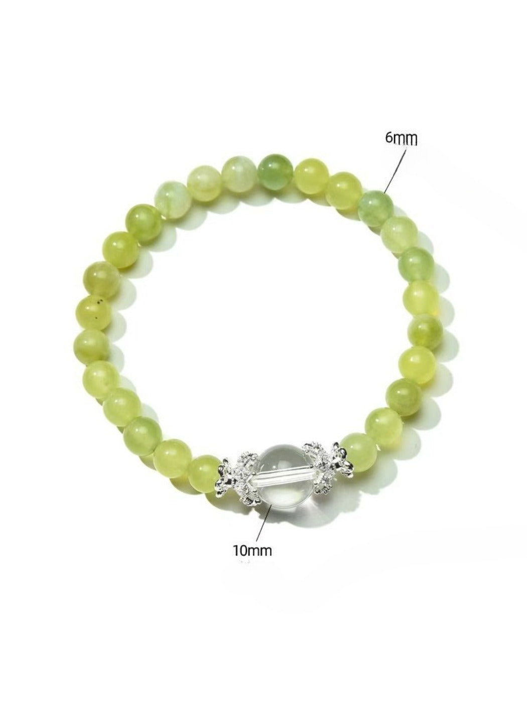 Lovra green crystal beaded bracelet with round faceted beads on a white background