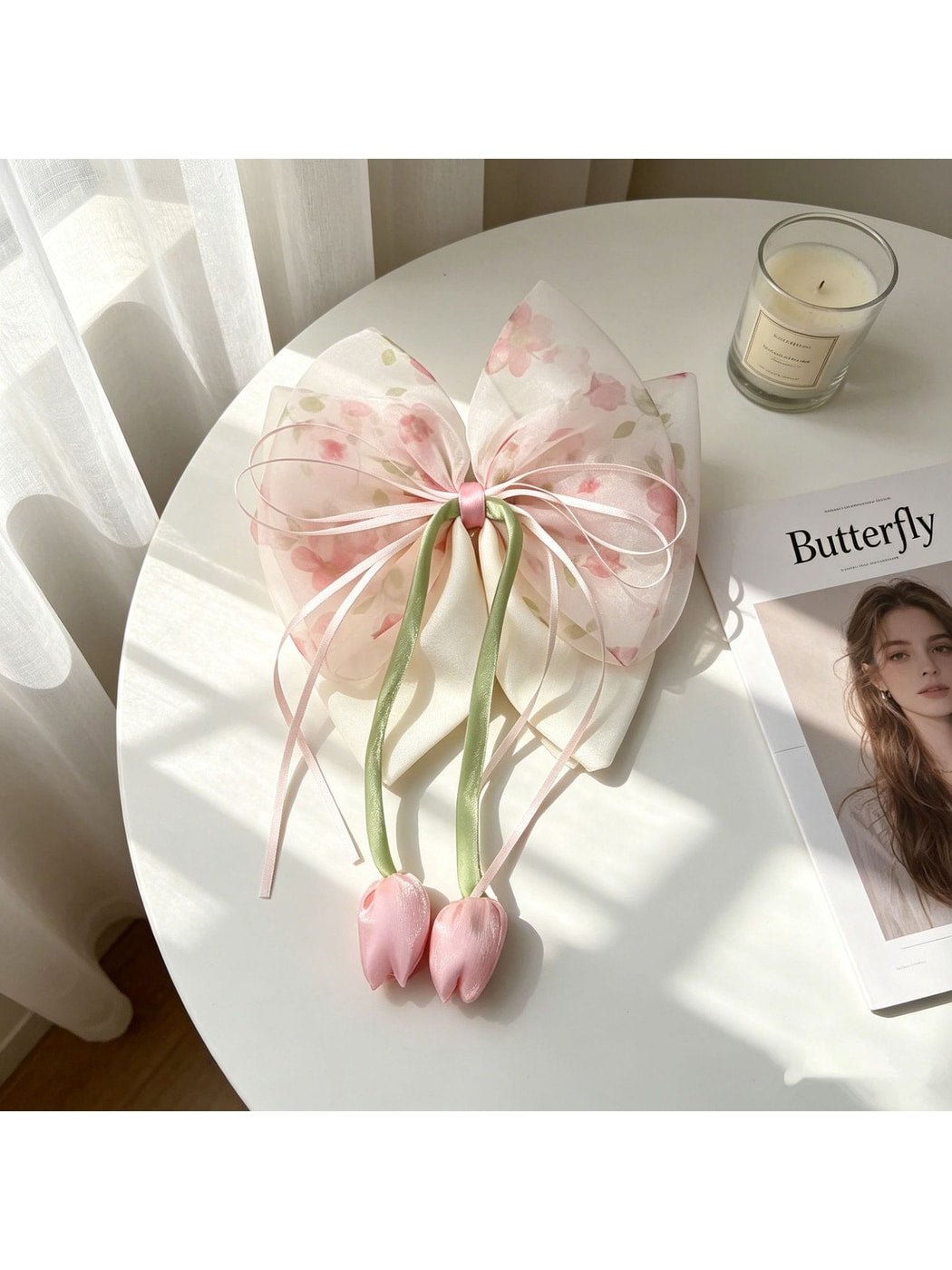 Beau - Tulip Bow Ribbon Ponytail Floral Hair Clip