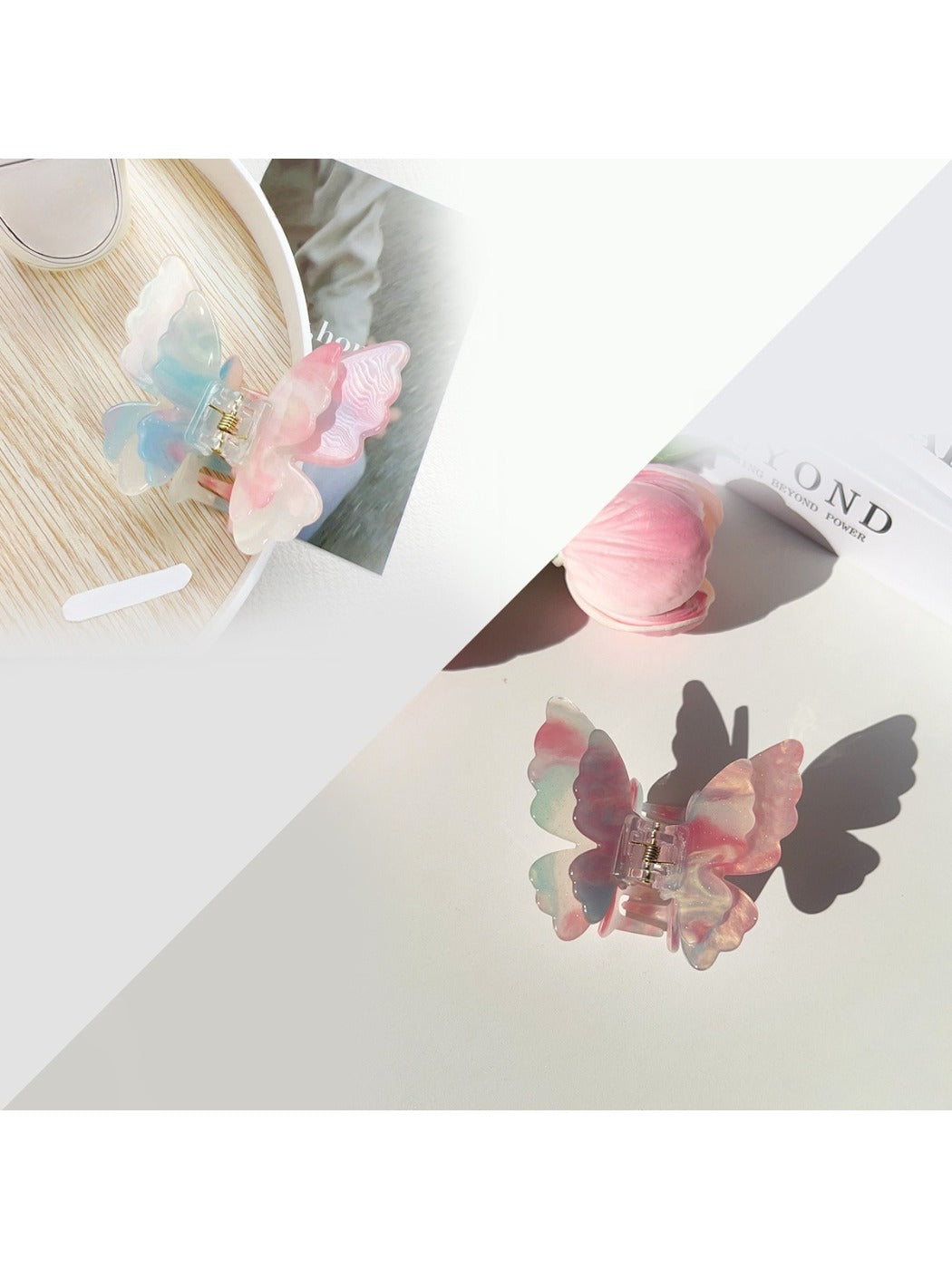 Beau butterfly claw clip resting on a wooden surface with natural lighting