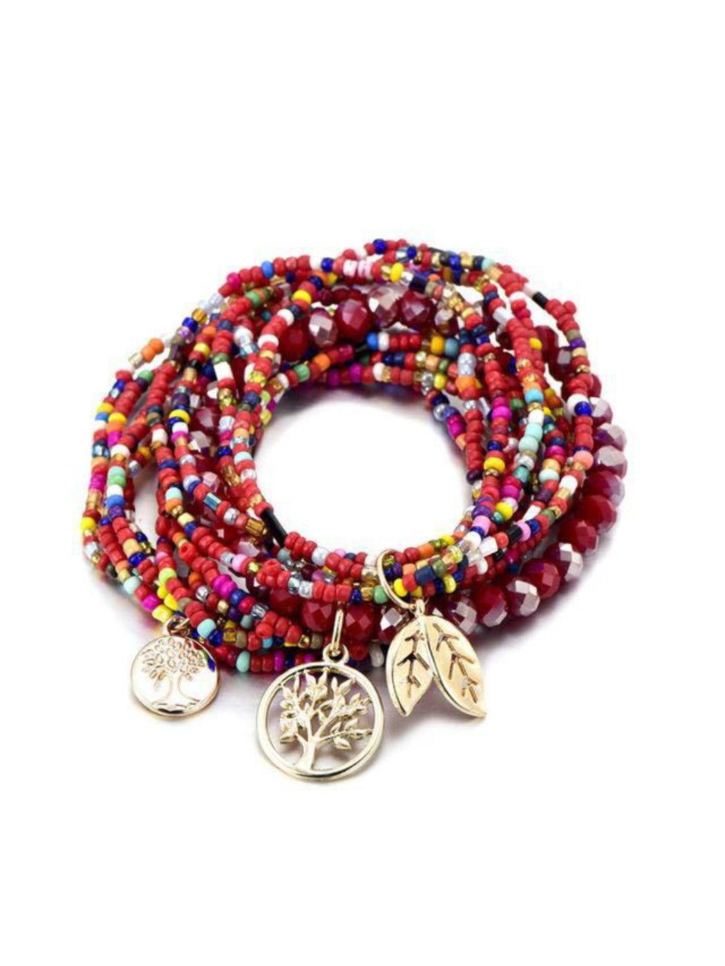 Side view of Lovra leaf pendant bracelet displaying bead colors and pendant shape