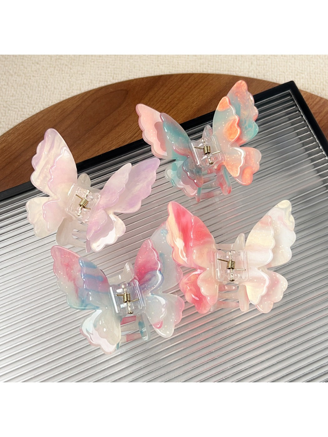Beau elegant double layer butterfly shaped claw clip in soft pastel pink