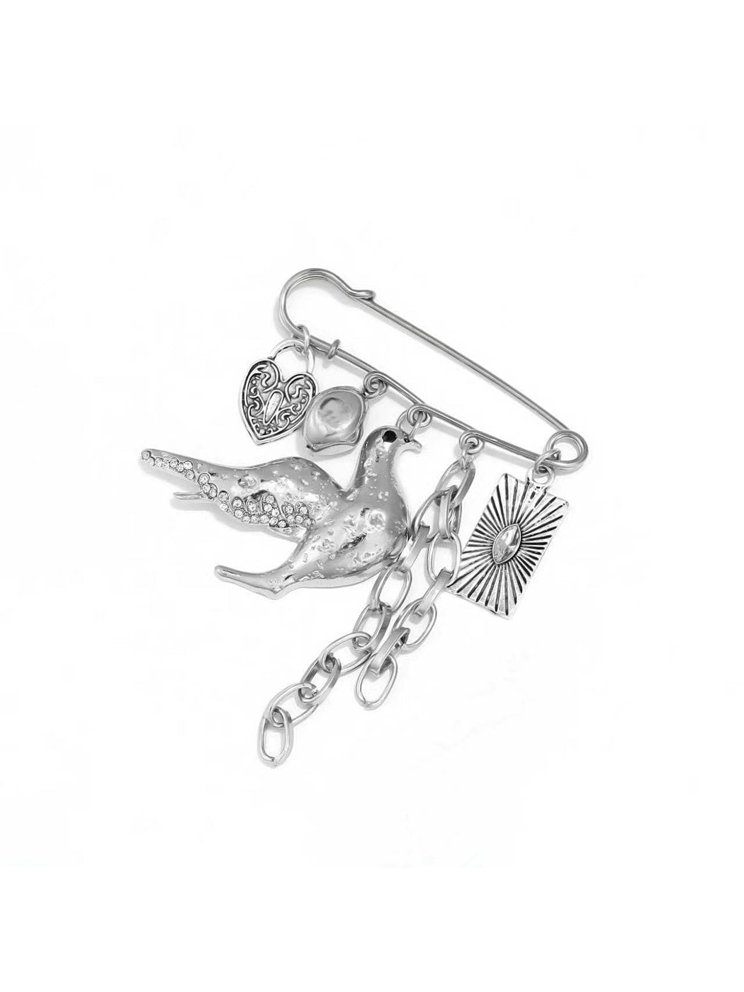 Brovia - Punk Bird Chain Detail Alloy Statement Brooch