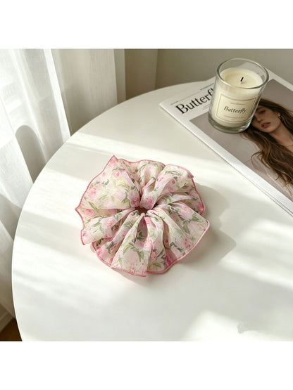 Gifty - Sweet Floral Print Mesh Trim Scrunchie