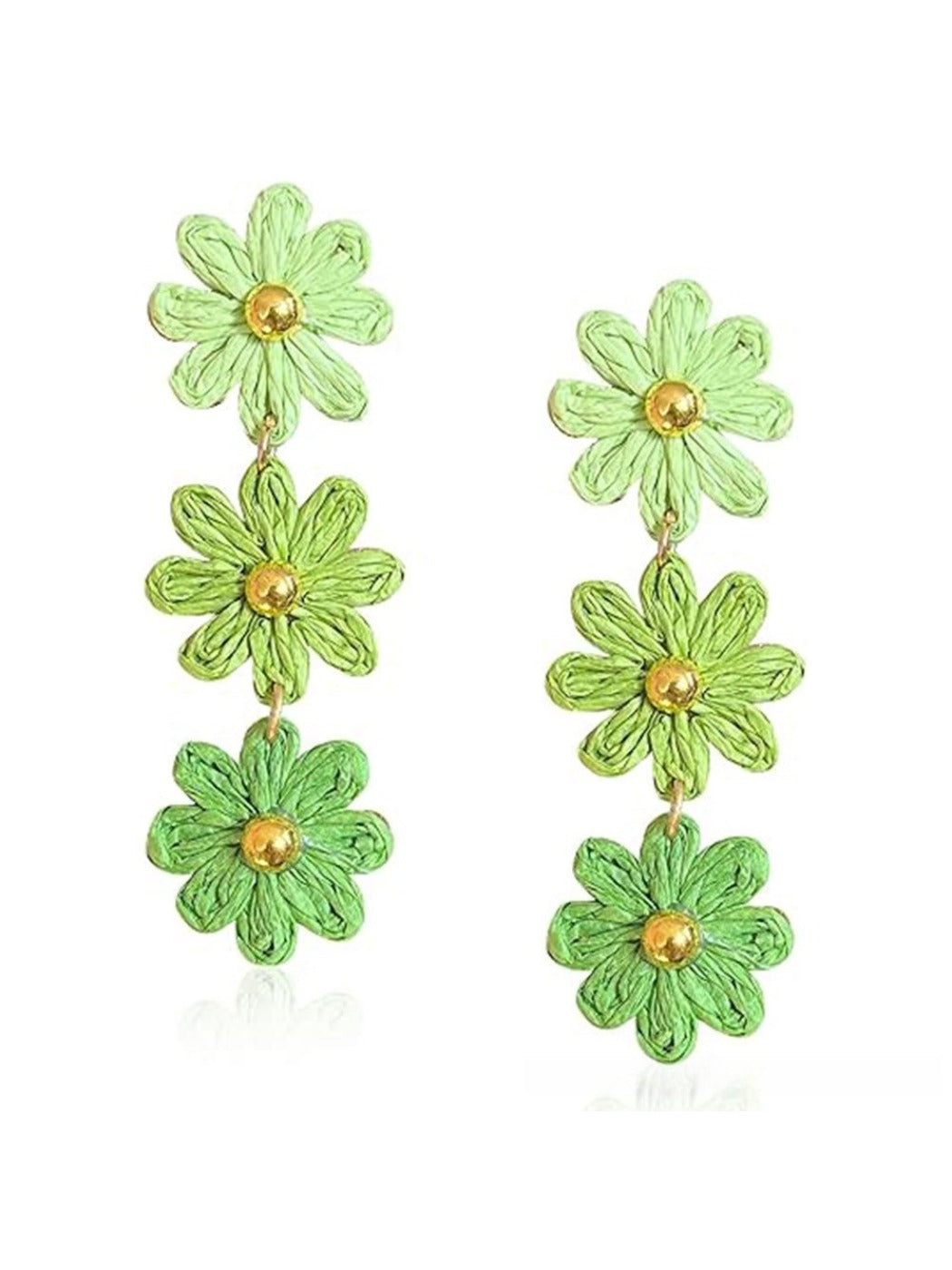 Colorful flower shaped drop earrings worn on a model's ear