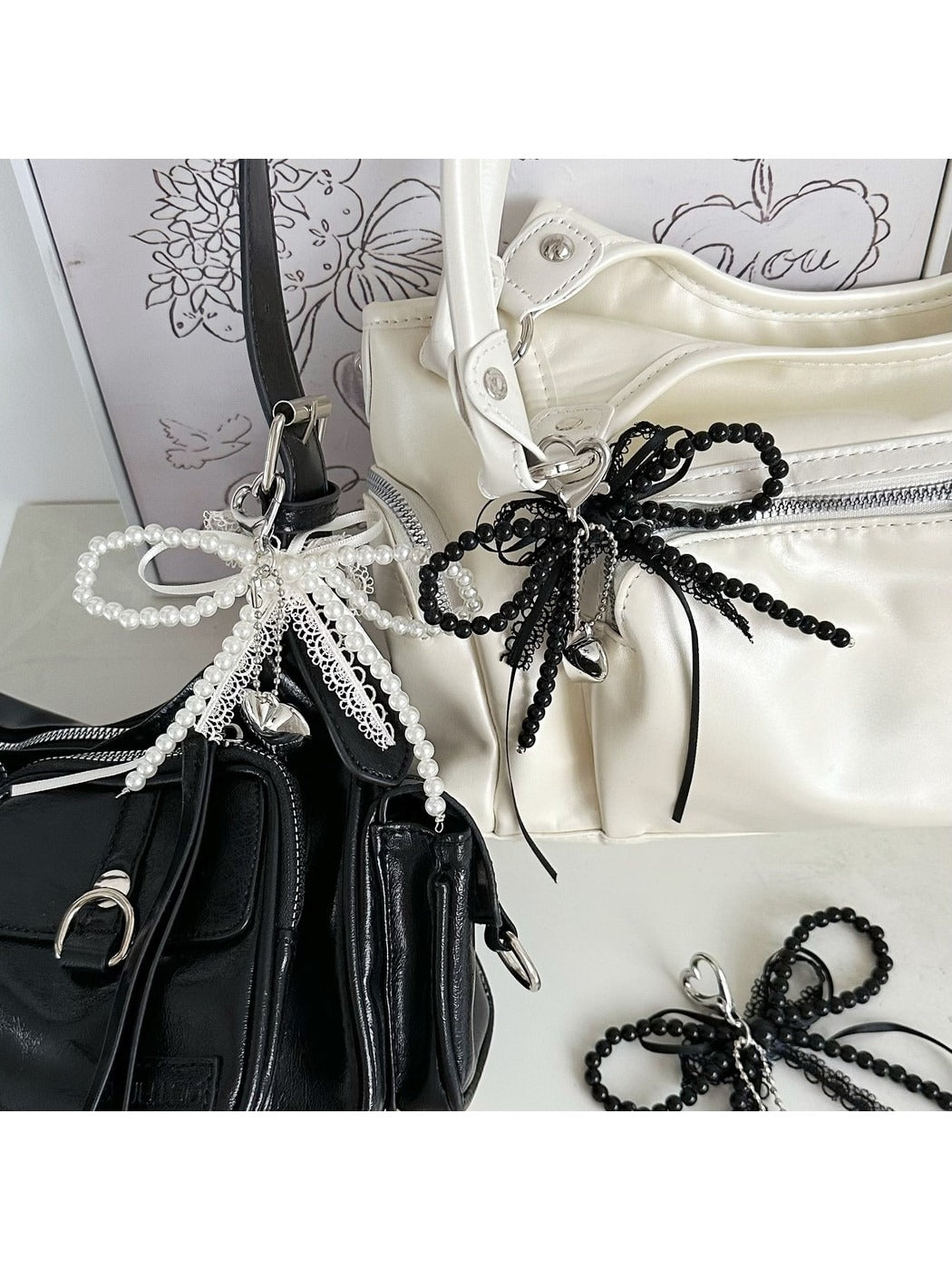Keypus - Layered Lace Bow Heart Pendant Bag Charm Keychain