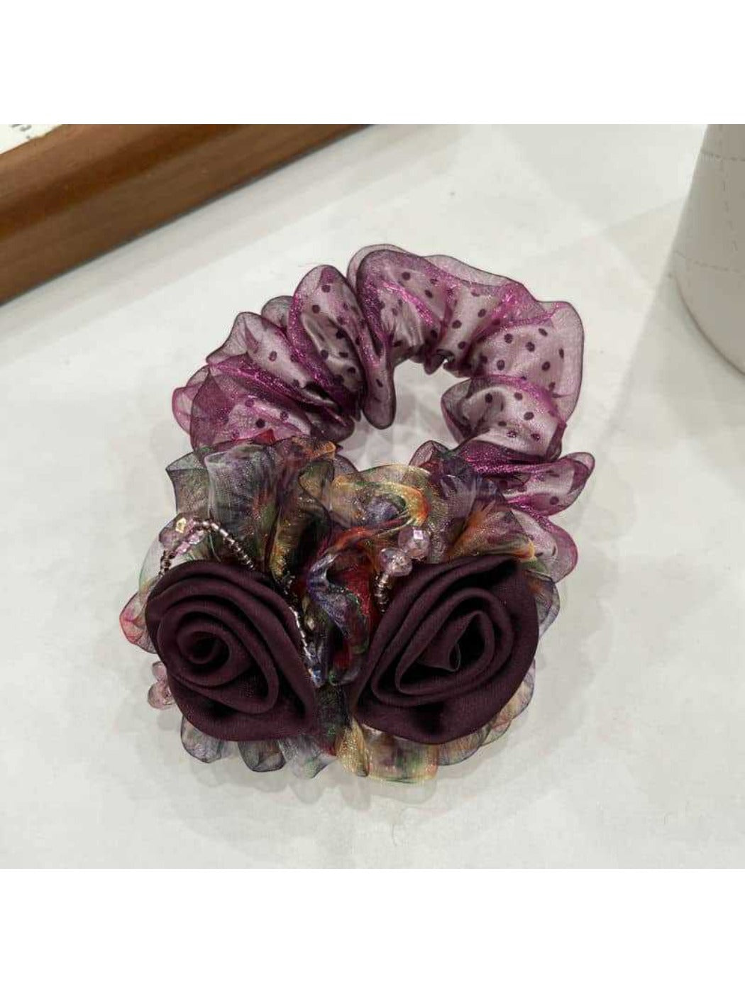 Gifty-Floral Hair Tie Elegant Bow Scrunchie Summer Mesh