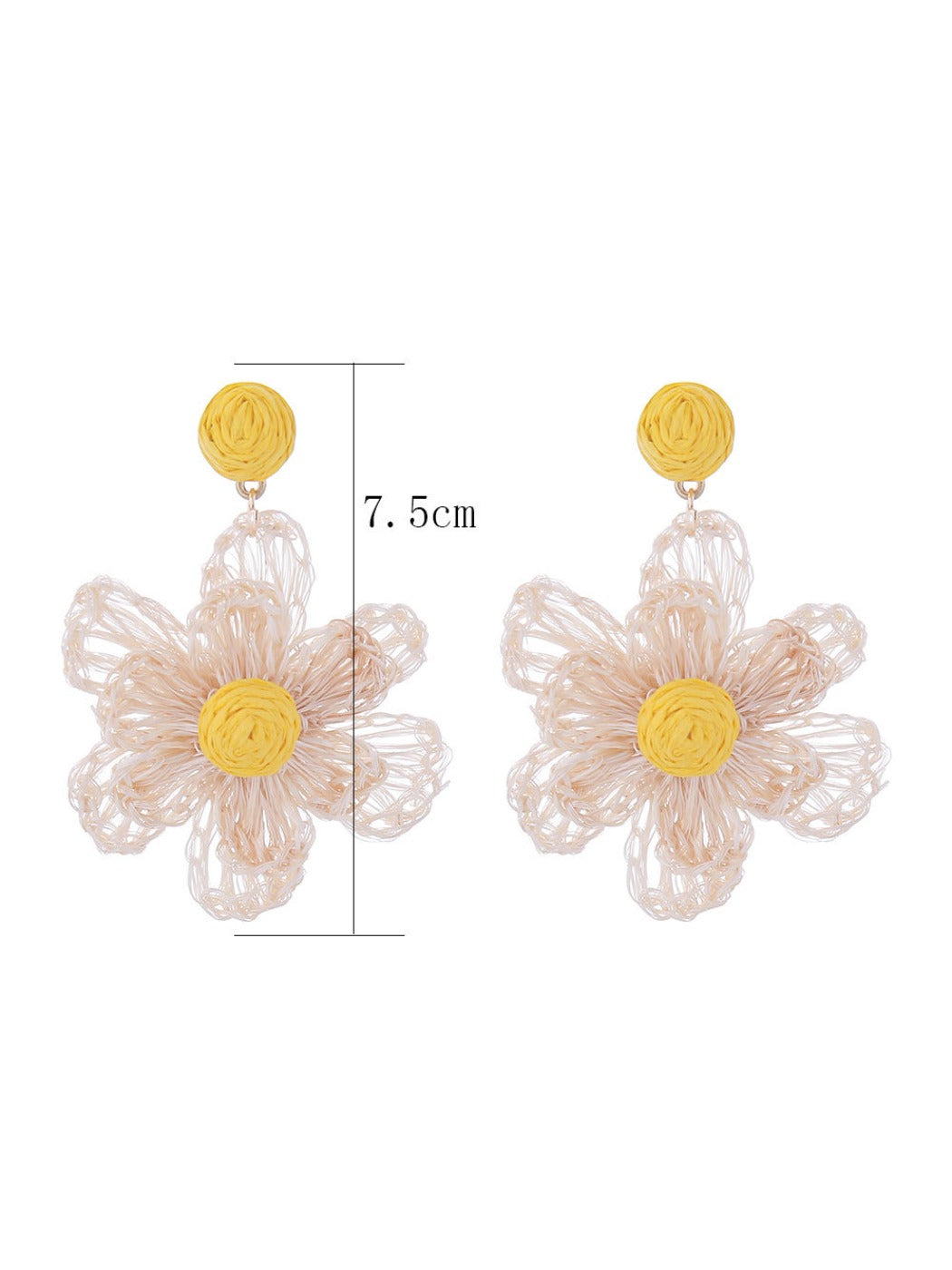 Earedge raffia flower drop earrings displayed on a beige fabric surface