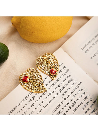 Earedge - Leaf Openwork Earrings with Ladybug Accents