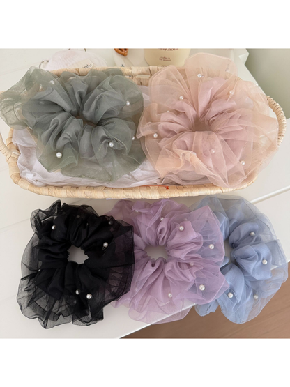 Gifty - Mesh Ruffle Beaded Detail Hair Scrunchie