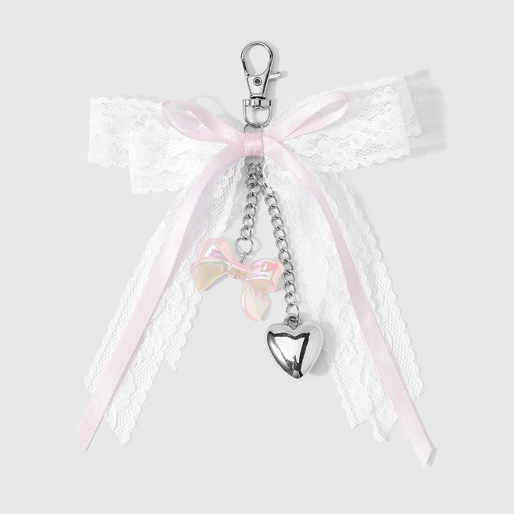 Keypus - Pink Lace Bow Heart Charm Keychain
