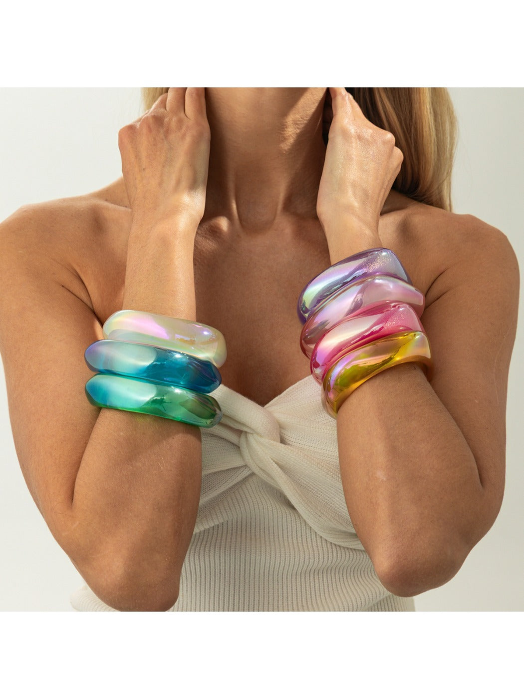 Side view of Lovra irregular shaped colorful bangle bracelet
