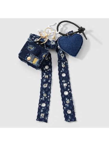 Keypus - Y2K Bow Plaid Heart Studded Bag Charm Keychain