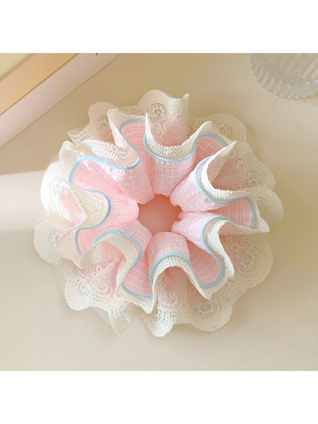 Gifty plaid lace trim scrunchie displayed flat with visible pattern and lace