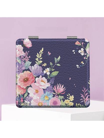 Mirroray - Floral Print PU Folding Makeup Mirror