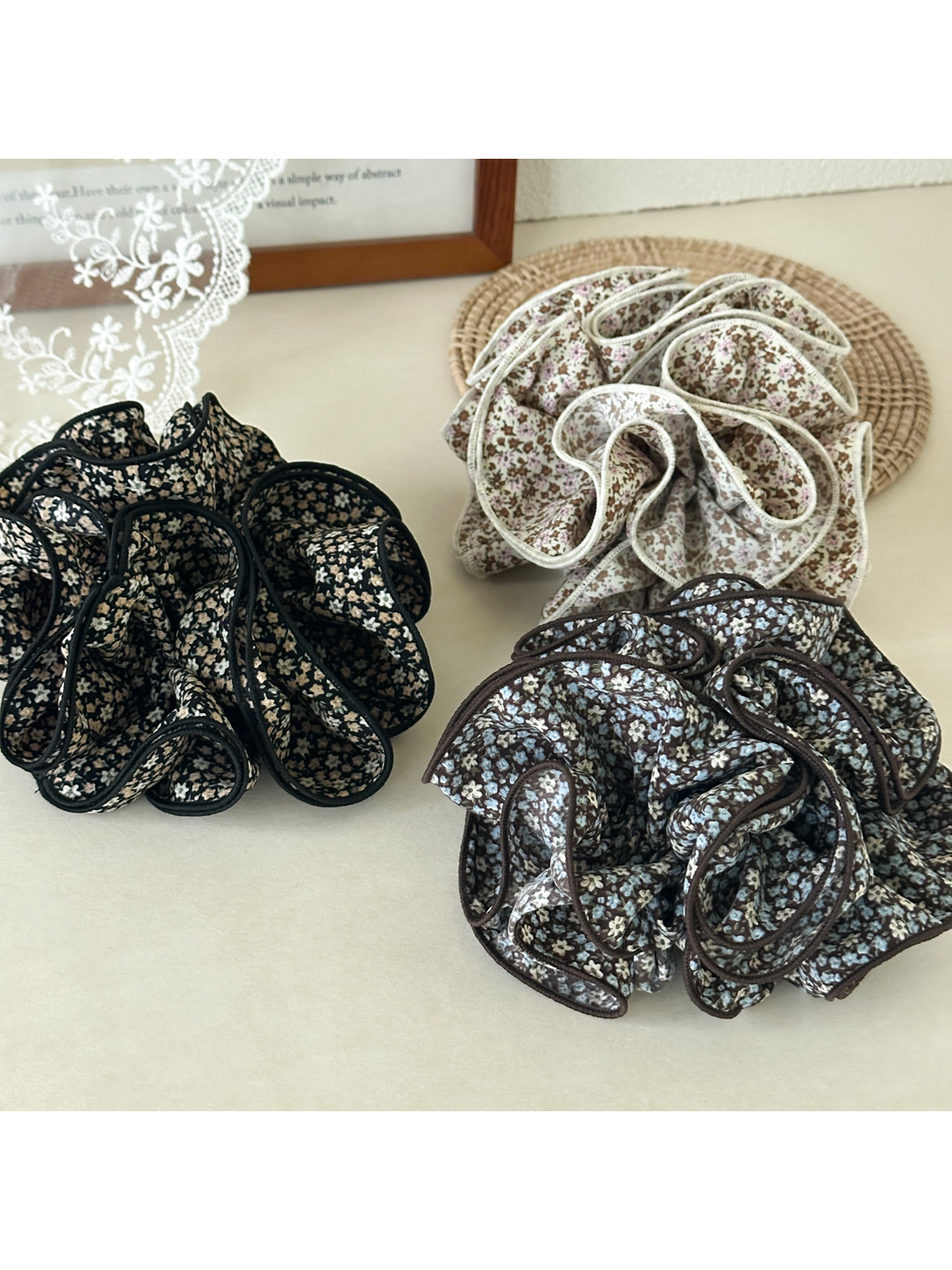 Gifty - Floral Trim Layered Ruffle Hair Scrunchie