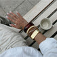 Lovra Chic Irregular Bangle Bracelet worn on wrist with casual outfit