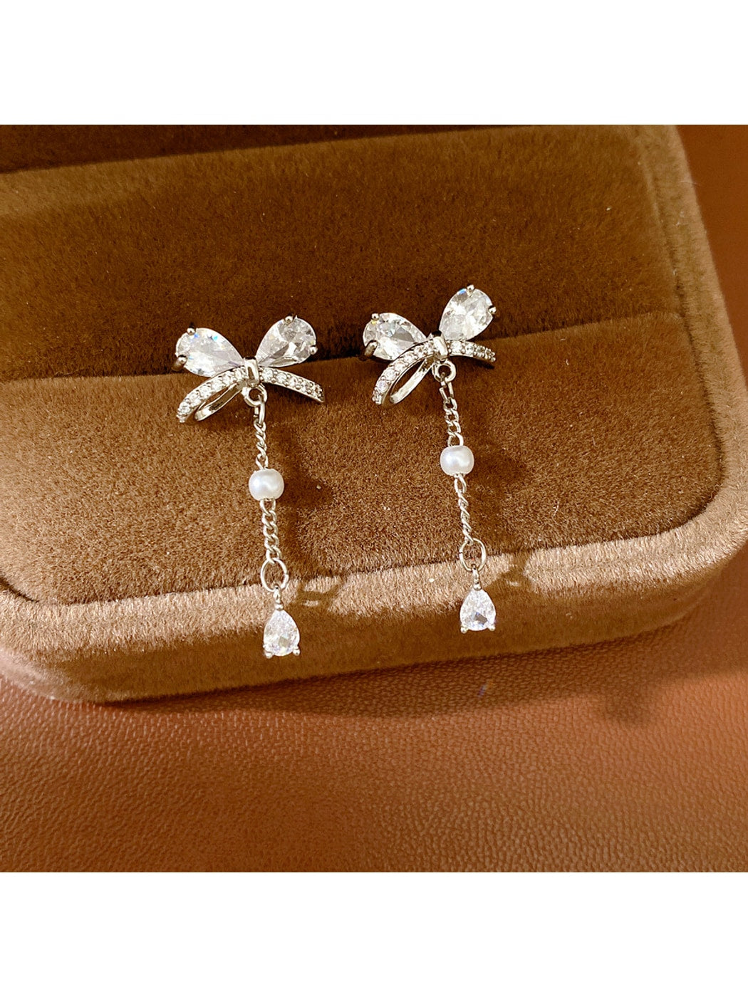 Earedge - Alloy Bow Stud Earrings with Drop Detail Earrings