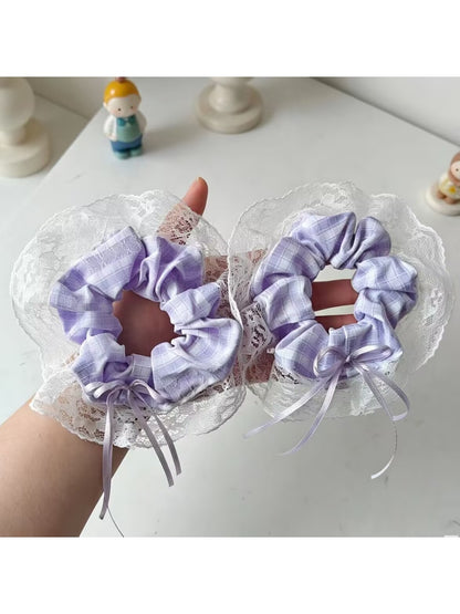 Gifty - Purple Checked Lace Frill Bow Detail Scrunchie