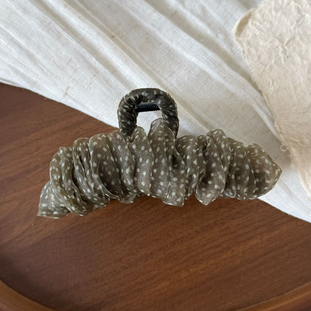 Beau - Polka Dot Mesh Ruffled Fabric Claw Clip
