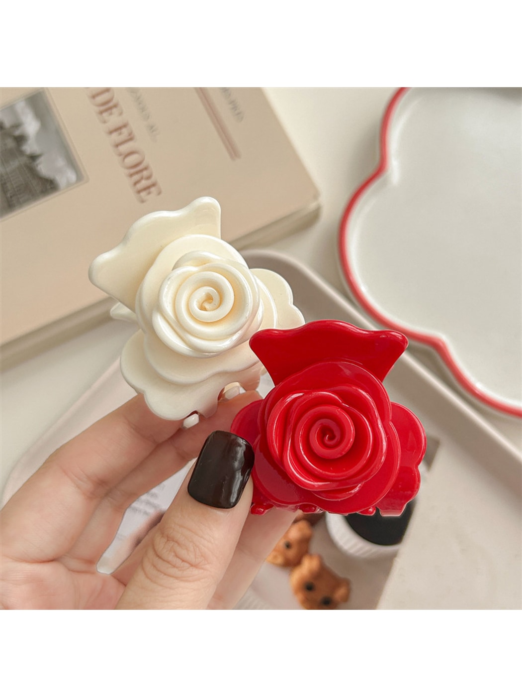 Beau - Glossy Rose Flower Acrylic Alloy Claw Clip
